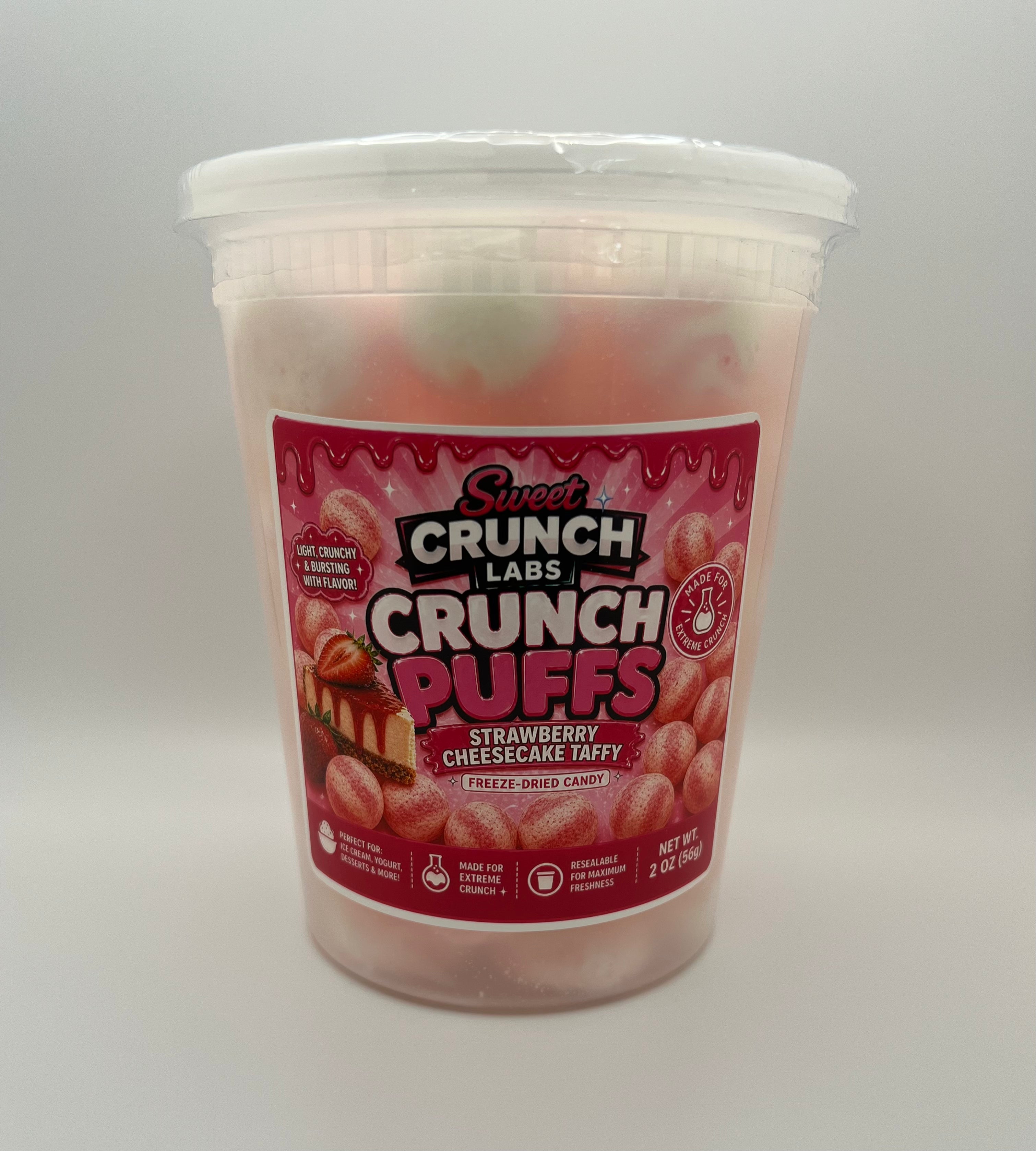 Sweet Crunch Labs Freeze-Dried Crunch Puffs – Strawberry Cheesecake Taffy Candy Balls