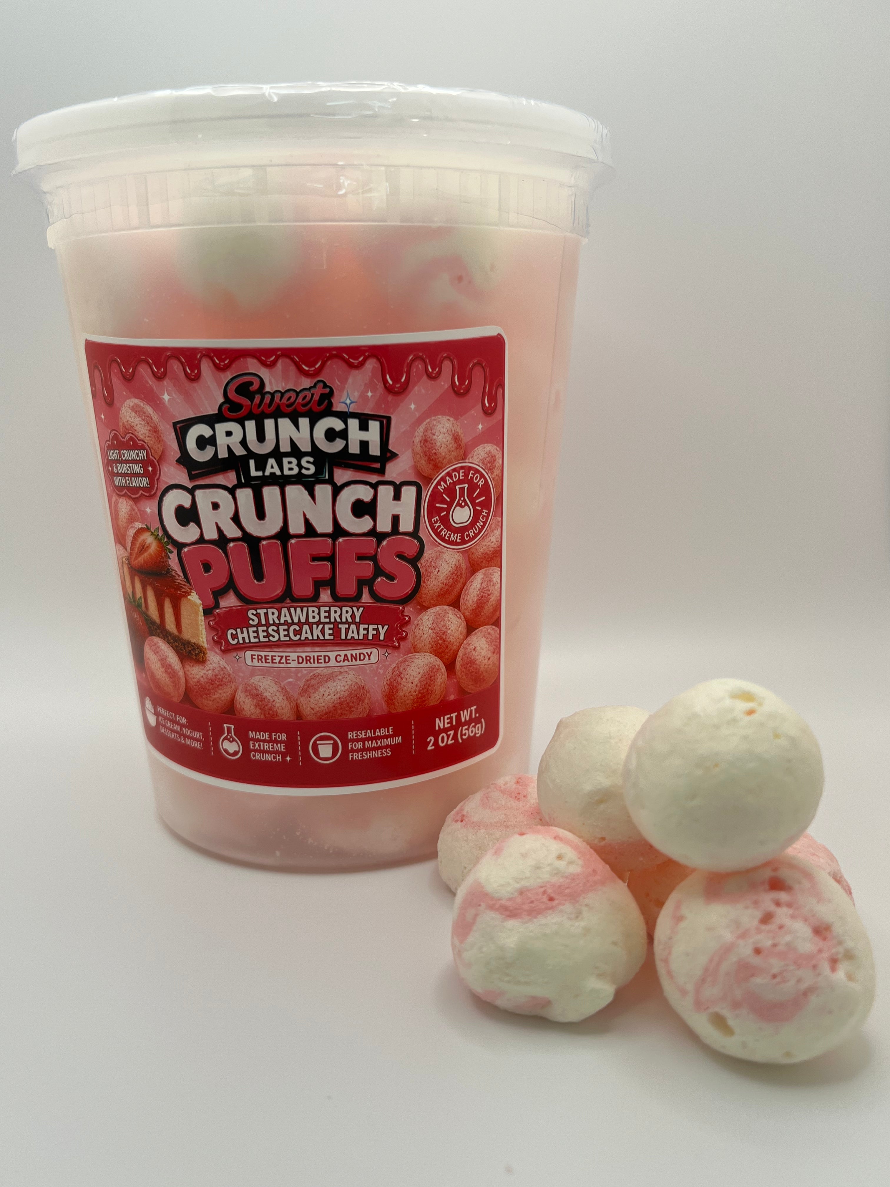 Sweet Crunch Labs Freeze-Dried Crunch Puffs – Strawberry Cheesecake Taffy Candy Balls